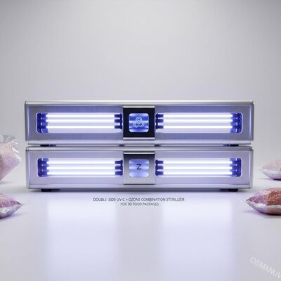 Двусторонний стерилизатор с комбинацией УФ-С + озона для трехмерных упаковок пищевых продуктов