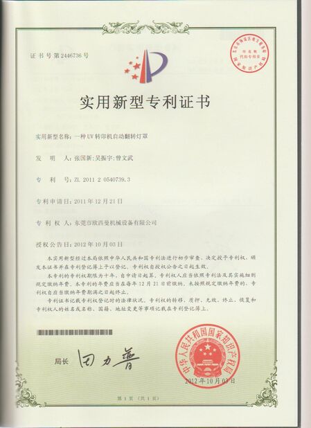 КИТАЙ Dongguan Osmanuv Machinery Equipment Co., Ltd Сертификаты